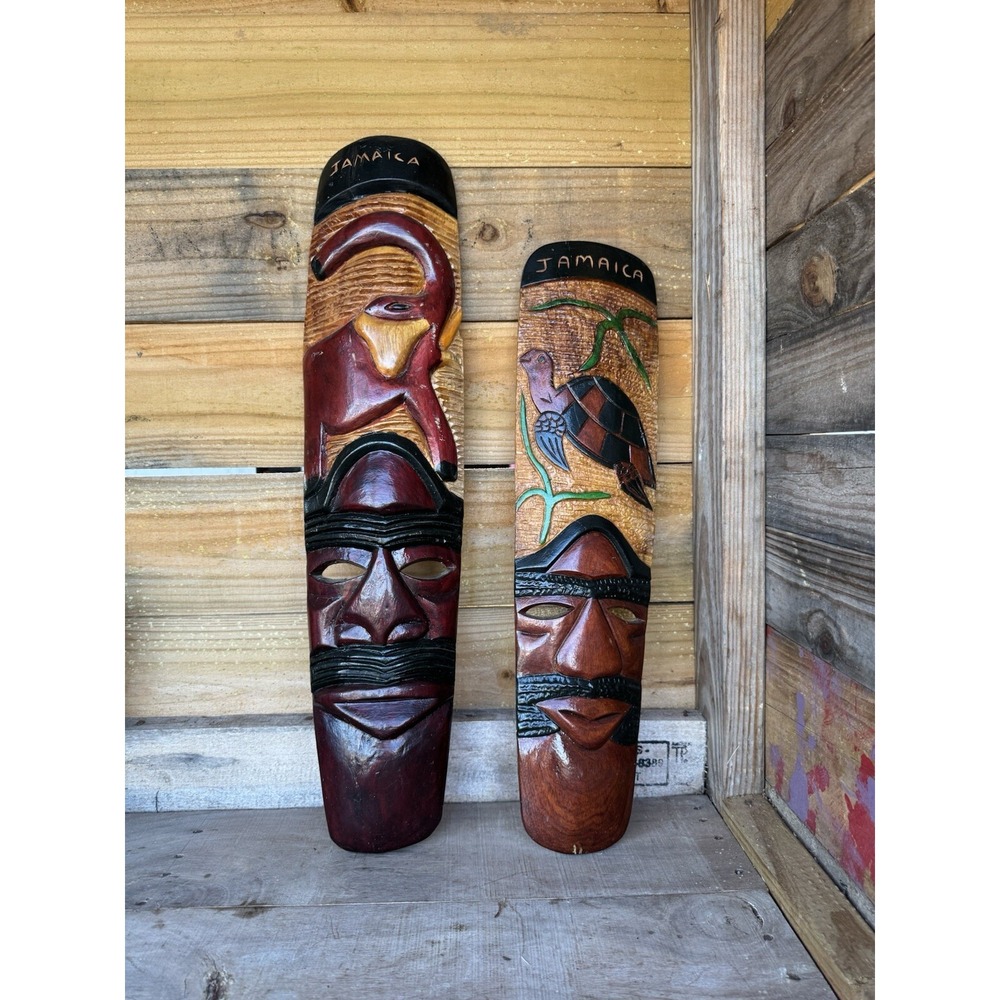 (2) Jamaican Primitive Art Hand Carved Mask: Man w/Facial Hair  Rastafarian‎
